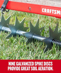 36-Inch Tow-Behind Spike Aerator For Lawns With 9 Galvanized Disks And An 80 Lb Weight Tray, Universal Hitch, Red, Rugged 10-Gauge Steel Frame For Quick, Deep Soil Penetration