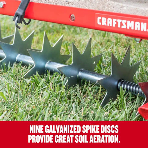 36-Inch Tow-Behind Spike Aerator For Lawns With 9 Galvanized Disks And An 80 Lb Weight Tray, Universal Hitch, Red, Rugged 10-Gauge Steel Frame For Quick, Deep Soil Penetration