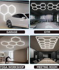 Hexagon LED Garage Lights 6500K Cool White Hex Ceiling Fixture For Garage, Gym, Basement, Workshop, Barbershop, Warehouse And Salon, Super Bright Hex LED Lighting, 5 Pack installed in various rooms including garage, gym, yoga workshop, and meeting room.