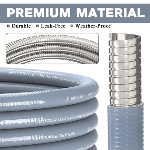 Close-up of 18 Ft Natural Gas Hose With Quick Connect, highlighting durable, leak-free, weather-proof material