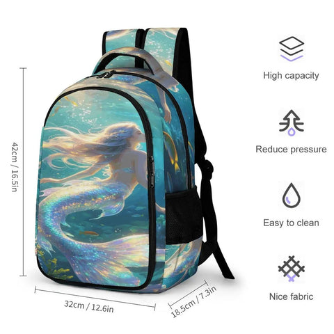Iridescent Mermaid Print Backpack for Adults and Teens, side view showing large capacity and smooth zipper.