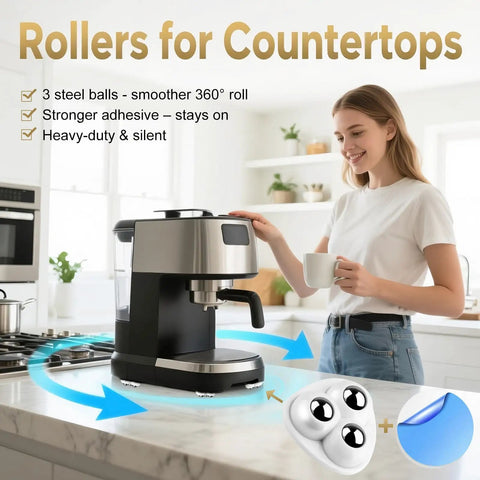 Heavy Duty Self Adhesive Appliance Sliders 16 Pack Quick Grip Furniture Protectors For Kitchens Easy Glide Blender Pads in use under coffee maker.
