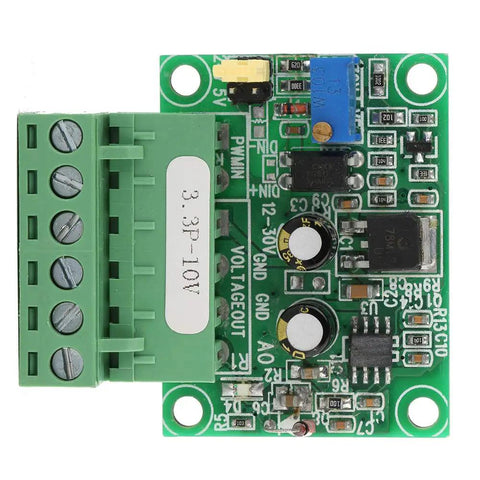 Plug And Play PWM To Analog Converter Module For PLCs Three Point Three Volt PWM To Zero To Ten Volt Output Digital To Analog Signal Converter For Industrial Grade Control Panels And Automation showing a top view of the green circuit board.