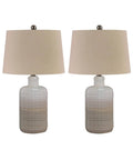 Two Pack Neutral Ceramic Table Lamps, 25.5 Inch Tall, Taupe Glazed Bases With Textured Drum Shade, Modern Living Room Bedside Lighting Set