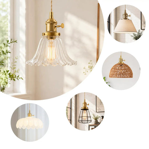 Slick Polished Brass Pendant Light Cord Kit With Heavy Duty Braided Textile Wire And Secure E26 Lamp Base featuring glass shades.