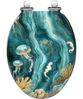 Elongated Resin Toilet Seat for Bathroom with aquatic design featuring jellyfish and seahorses, 14.5" x 18.5".