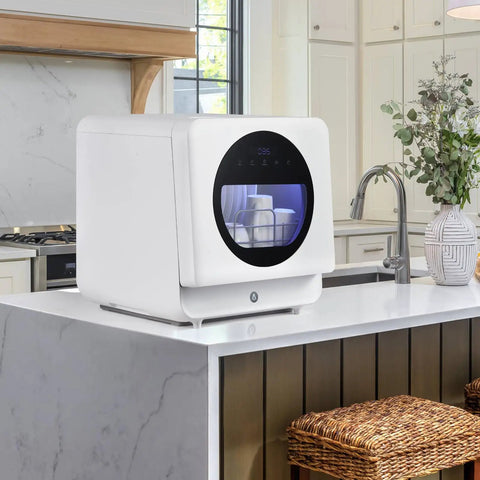 Hella Compact Countertop Dishwasher With Built In Five Liter Tank, white appliance on a kitchen countertop.