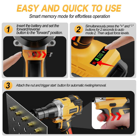 Step-by-step guide on using Cordless Rivet Nut Gun For 20V Battery Power, Pro Grade Brushless Motor, Auto And Manual Modes