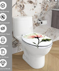 Elongated Toilet Seat Resin Quiet Close for Bathroom with floral design on a white toilet.