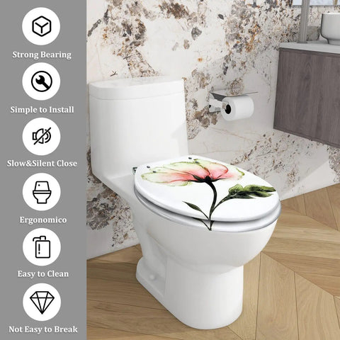 Elongated Toilet Seat Resin Quiet Close for Bathroom with floral design on a white toilet.