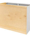Slick Pure White Shaker Bathroom Vanity Cabinet Featuring Buttery Smooth Soft Close Doors, side view of unfinished cabinet structure.