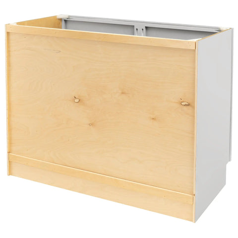 Slick Pure White Shaker Bathroom Vanity Cabinet Featuring Buttery Smooth Soft Close Doors, side view of unfinished cabinet structure.