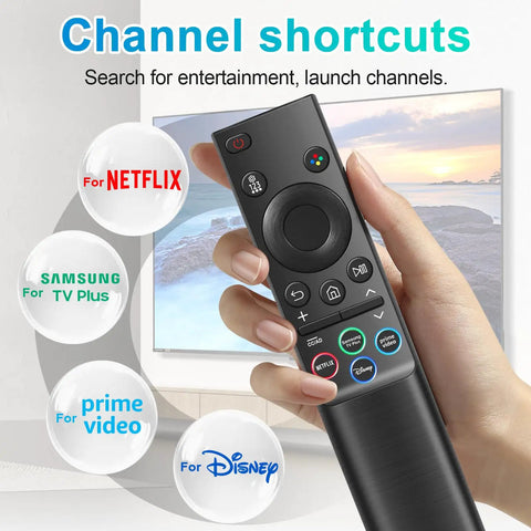 Universal Remote Control Replacement For Smart TV Compatible With All Samsung Series LED LCD QLED HDTV Curved And Flat Screens 2019 2020 2021 2022 2023 2024 2025 4K Ultra HD Plug And Play Setup Durable Design held in hand, showing channel shortcuts for Netflix, Samsung TV Plus, Prime Video, and Disney.