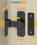 90 Degree Barn Door Lock With Flip Latch, Black, Aluminum Alloy, Right Angle Sliding Door Lock Dimensions Displayed