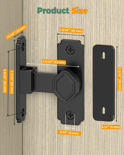 90 Degree Barn Door Lock With Flip Latch, Black, Aluminum Alloy, Right Angle Sliding Door Lock Dimensions Displayed