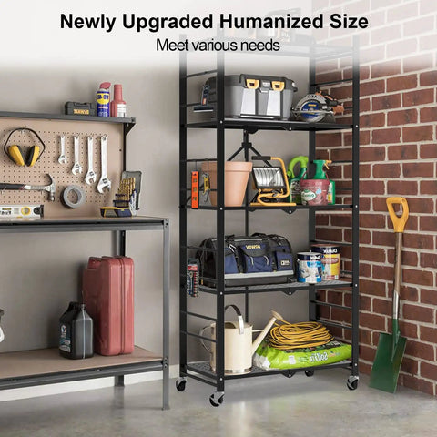 Slick Black Five Tier Foldable Storage Shelf With Casters And Twenty Hooks Quick Kitchen Pantry Cleanup No Fuss Assembly Solid Build For Tight Spaces And Daily Hauls