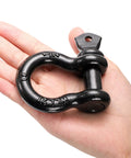 Hand holding Six Pack Half Inch D Ring Shackle Heavy Duty Tow Strap Winch Off Road Vehicle Recovery Two Ton Four Thousand Lbs Capacity Black
