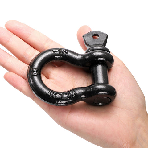 Hand holding Six Pack Half Inch D Ring Shackle Heavy Duty Tow Strap Winch Off Road Vehicle Recovery Two Ton Four Thousand Lbs Capacity Black