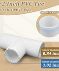 1/2 inch PVC tee fitting showing inner 0.84 inch and outer 1.02 inch diameters, part of 20-Pack 1/2 Inch Tee PVC Fittings Furniture Grade 3 Way Connectors For SCH40 PVC Pipe DIY Builds And Frames Heavy Duty UV Resistant Built To Last Ideal For DIY Projects.
