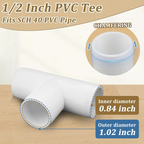 1/2 inch PVC tee fitting showing inner 0.84 inch and outer 1.02 inch diameters, part of 20-Pack 1/2 Inch Tee PVC Fittings Furniture Grade 3 Way Connectors For SCH40 PVC Pipe DIY Builds And Frames Heavy Duty UV Resistant Built To Last Ideal For DIY Projects.