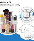 360 Degree Rotating Makeup Organizer Turntable with cosmetics and base details, clear five-compartment vanity and bathroom case