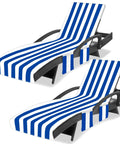 Oversized Beach Lounge Chair Towel Cover Set Of 2 With 3 Pockets Striped Dark Blue Microfiber Durable Quick Dry Fabric