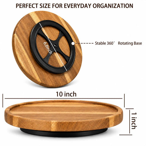 Ten Inch Solid Acacia Wood Lazy Susan With Smooth 360 Swivel Base For Kitchen Counter Organizer Spice Rack Turntable showing stable rotating base and dimensions.
