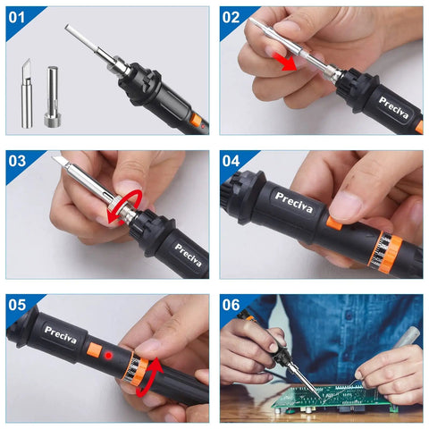Pro Grade Soldering Iron Kit With 135W Adjustable Temperature And Rapid Heat Ceramic Thermostatic Core in use and tips displayed.