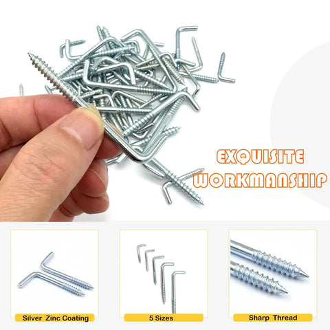 80 Piece All In One Hanging Kit With Five Sizes Spiral In Square Bend Hooks And L Brackets Zinc Plated Carbon Steel With Self Tapping Screws For Lights Planters And Mugs Perfect For Home Or Shop Use