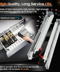 Undermount Soft Close Drawer Slides For Cabinets With Face Frame And Frameless, Ball Bearing Rails In 9, 12, 15, 18, 21, 24 Inch Sizes, Includes Rear Mounting Brackets, 78 Lb Load Per Pair, Easy Install shown in drawer and close-up view.