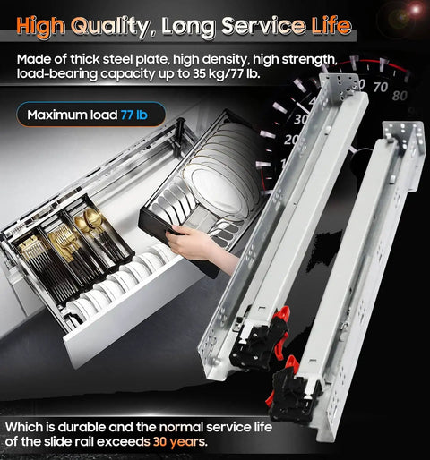 Undermount Soft Close Drawer Slides For Cabinets With Face Frame And Frameless, Ball Bearing Rails In 9, 12, 15, 18, 21, 24 Inch Sizes, Includes Rear Mounting Brackets, 78 Lb Load Per Pair, Easy Install shown in drawer and close-up view.