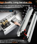 Open drawer with utensils and plates next to undermount soft close drawer slides set for bottom mounted 9 12 15 18 21 24 inch ball bearing rails for cabinets with face frame or frameless design rear mounting brackets 78 lb load 6 pair easy install beefy glide upgrade.