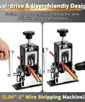 Dual setup of Beefy Copper Wire Stripper Machine for 0.06 to 1 inch cables, showing manual hand crank and drill-powered option.