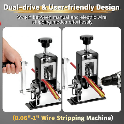 Dual setup of Beefy Copper Wire Stripper Machine for 0.06 to 1 inch cables, showing manual hand crank and drill-powered option.