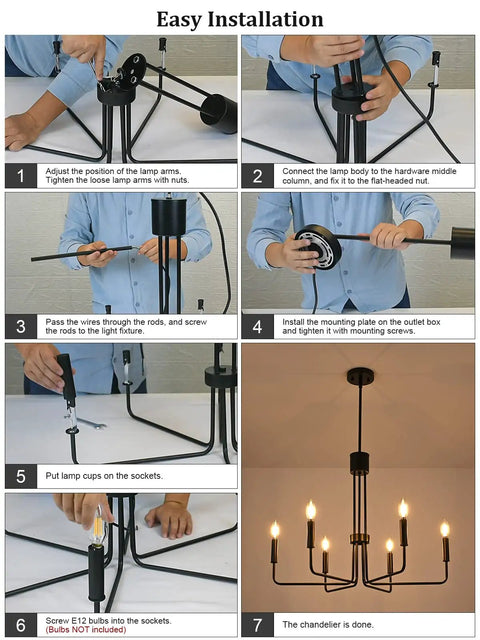 Installation steps for Black And Gold Modern Chandelier With Six Light Arms For Dining Room Farmhouse Style Hanging Light Fixture.