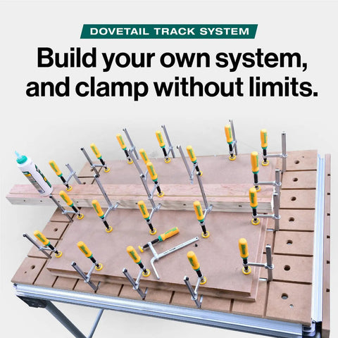 MatchFit Dovetail Clamps For Woodworking Track System in use on wooden workbench with multiple clamps securing wood pieces.
