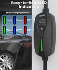 Straight Up Heavy Duty Nema 10 30 Level 2 EV Charger With Rock Solid Nacs Connector And Smooth 10 To 24 Amp Dial For Hassle Free Tesla Home Charging That Just Works Across Ford Gm And Rivian Models Today showing LED indicators and 24A readout.