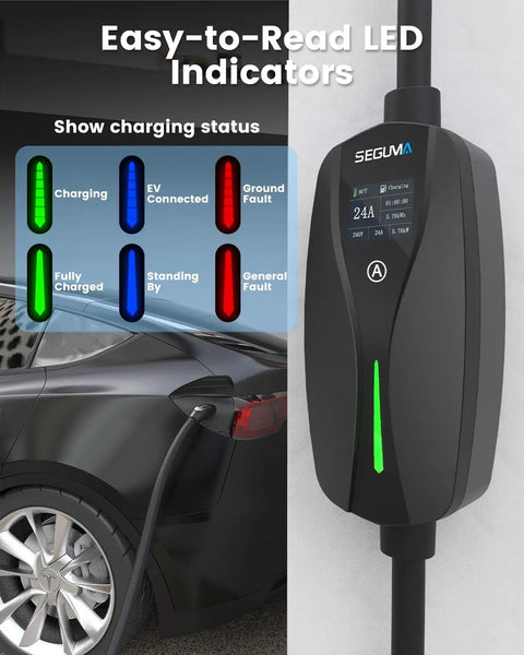 Straight Up Heavy Duty Nema 10 30 Level 2 EV Charger With Rock Solid Nacs Connector And Smooth 10 To 24 Amp Dial For Hassle Free Tesla Home Charging That Just Works Across Ford Gm And Rivian Models Today showing LED indicators and 24A readout.