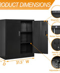 Heavy Duty 36 Inch Black Metal Storage Cabinet With Locking Doors, 2 Adjustable Shelves, Rust-Resistant Steel Garage Cabinet for Home, Office, Workshop, Utility Room, School Organization, shown with dimensions and features like magnetic door, noise reduction, and handle lock.