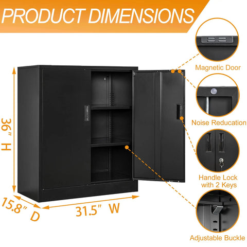Heavy Duty 36 Inch Black Metal Storage Cabinet With Locking Doors, 2 Adjustable Shelves, Rust-Resistant Steel Garage Cabinet for Home, Office, Workshop, Utility Room, School Organization, shown with dimensions and features like magnetic door, noise reduction, and handle lock.