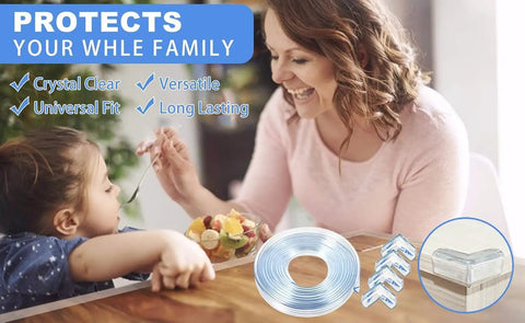 Top Shelf Heavy Duty 10 Ft Sharp Edge Protector Strips with corner guards showcased in a family setting for safety.
