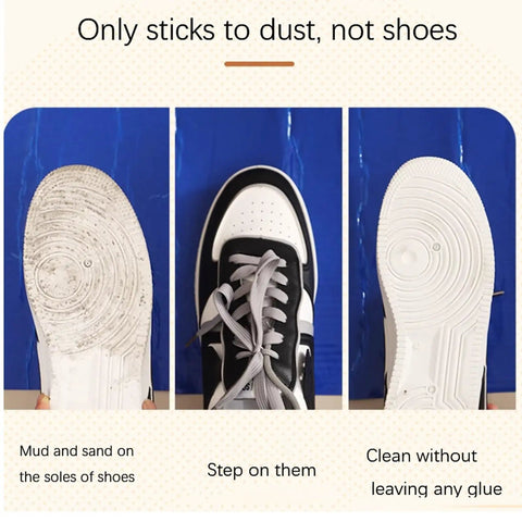 Heavy Duty Adhesive Mats To Trap Dust And Grime Effortlessly Peel And Replace Sticky Floor Pads For Cleanrooms Clinics And Construction Sites No Sweat Cleanup 300 Sheets Roll showing muddy shoe soles being cleaned.