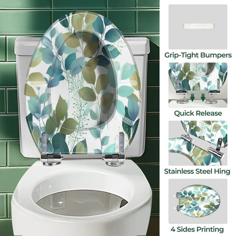 Elongated Resin Toilet Seat for Bathroom Replacement with leaf design, grip-tight bumpers, quick release hinges.