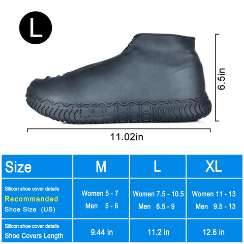 Size L Silicone Waterproof Shoe Covers with Zipper, side view, black, non slip tread, 11.02in length, for Men 6.5-9 Women 7.5-10.5.