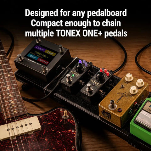 Tonex One Plus AI Guitar Amp And Effects Pedal setup on pedalboard with other guitar effects units.