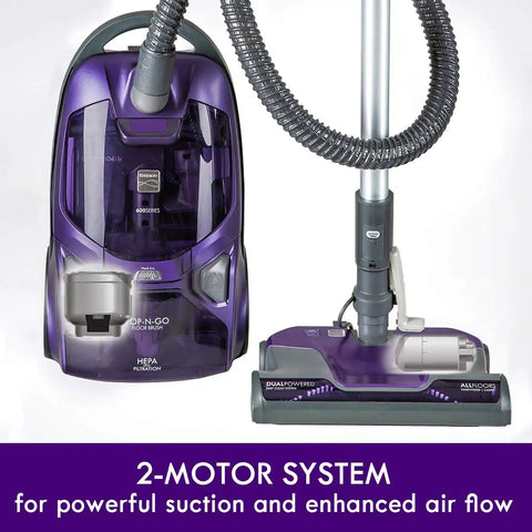 Heavy Duty Bagged Canister Vacuum Engineered To Handle Every Mess On Hardwood And Carpet Includes Swivel Head for easy navigation.