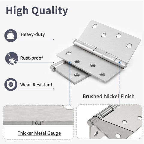 Beefy 4 Inch Exterior Door Hinges Pack Of 6 In Brushed Nickel With Square Corners And Removable Pin For Front And Back Doors Anti Rust No Squeaks Easy Install