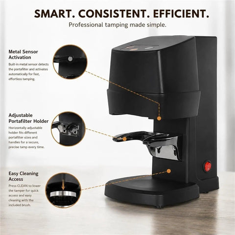 58mm Automatic Electric Espresso Tamper with adjustable holder for precise tamping efficiency and easy cleaning access.