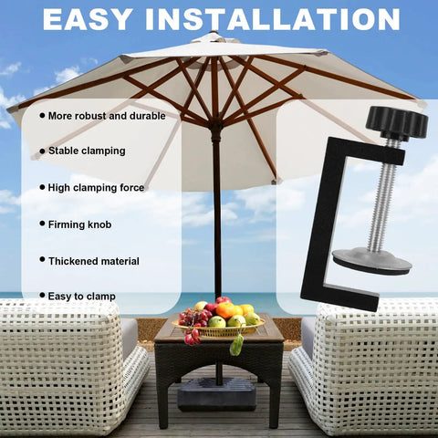 4 Pack Adjustable Patio Furniture Clamps For Outdoor Rattan Wicker Sofas And Sectional Sets, 3 Inch C Clips displayed by umbrella