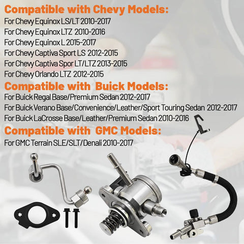 High Pressure Fuel Pump With Fuel Hose Kit For Chevy Equinox 2010 2017 GMC Terrain Buick Regal 2012 2017 2.4L Fits Like A Dream Direct Fit Replacement 12641847 12633423 With OE Style Connectors And Durable Performance, showing fuel pump and hose with connectors.